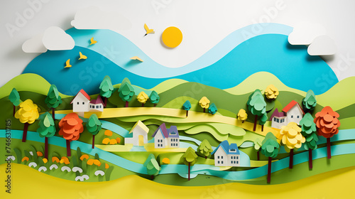 Colorful 3D Paper Craft Rural Landscape Under a Sunny Sky