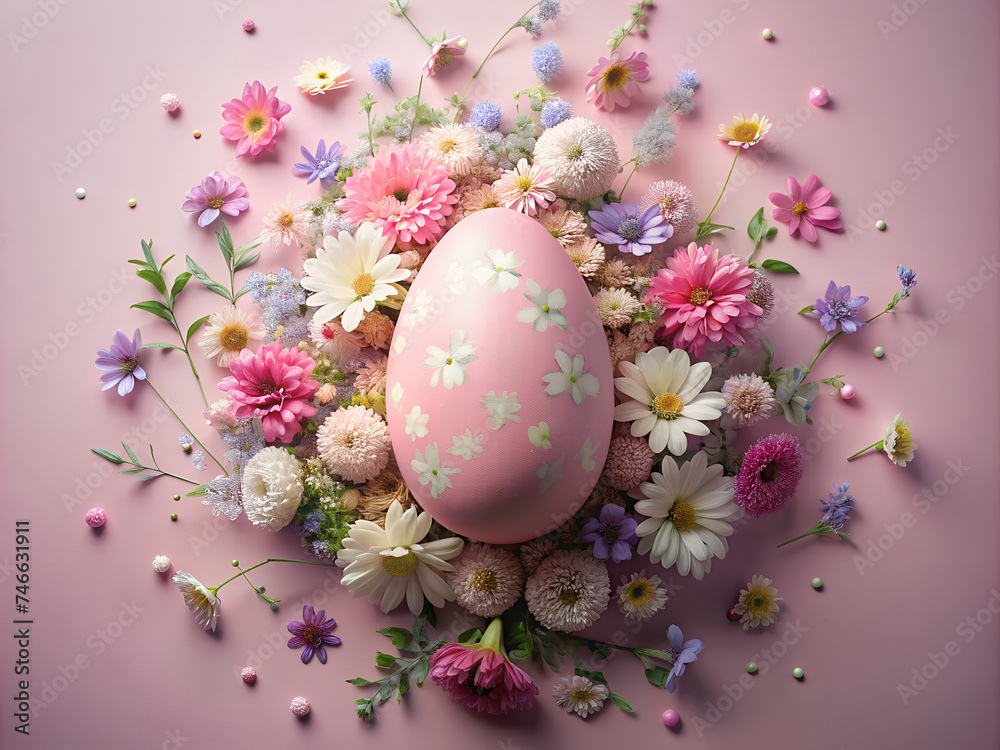 An Easter egg surrounded by flowers on a pink background, fantastic realism