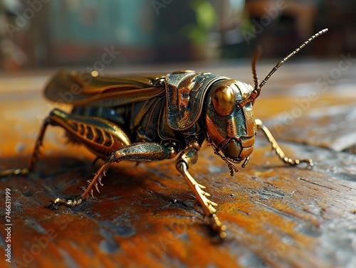 a gold robot grasshopper on top on a wooden table, in the style of hyper-realistic animal illustrations, charming character illustrations, ray tracing, liquid metal, bio © Smilego
