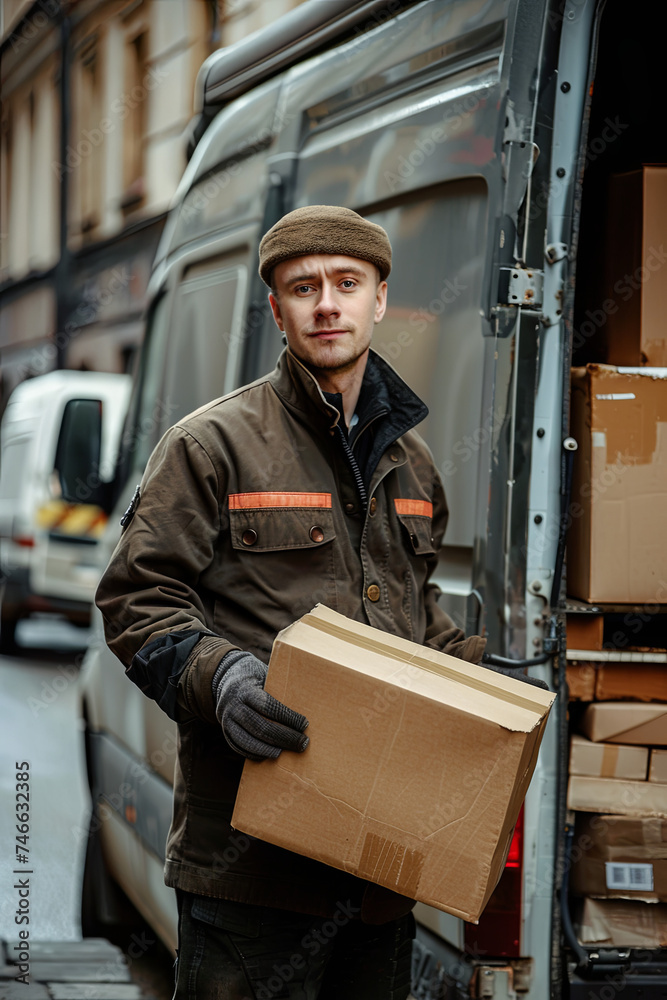 Cargo delivery service, male courier in uniform with box in hand unloads truck with cardboard parcels
