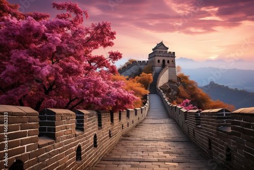 a great wall, in the style of light brown and sky-blue, dark green and pink, 32k uhd, colorful woodcarvings, light purple and light orange, cartelcore photo