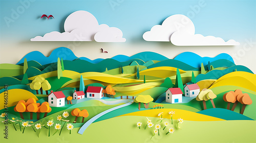 Colorful Papercraft Artwork of a Stylized Countryside Landscape