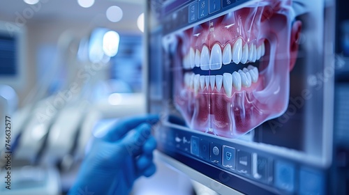 Dental professional evaluating digital teeth scan on monitor, technology integration in modern dental health care photo