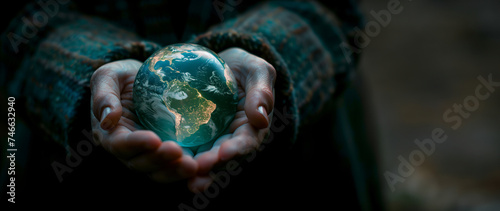 Hands gently holding a small Earth globe. Environmental protection and global care concept. Banner with copy space for Earth Day event.