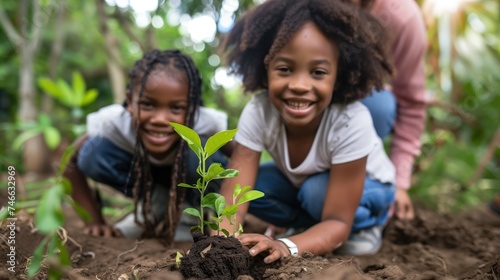 Young girls planting in soil with adult supervision, concept of growth, learning, and environmental education