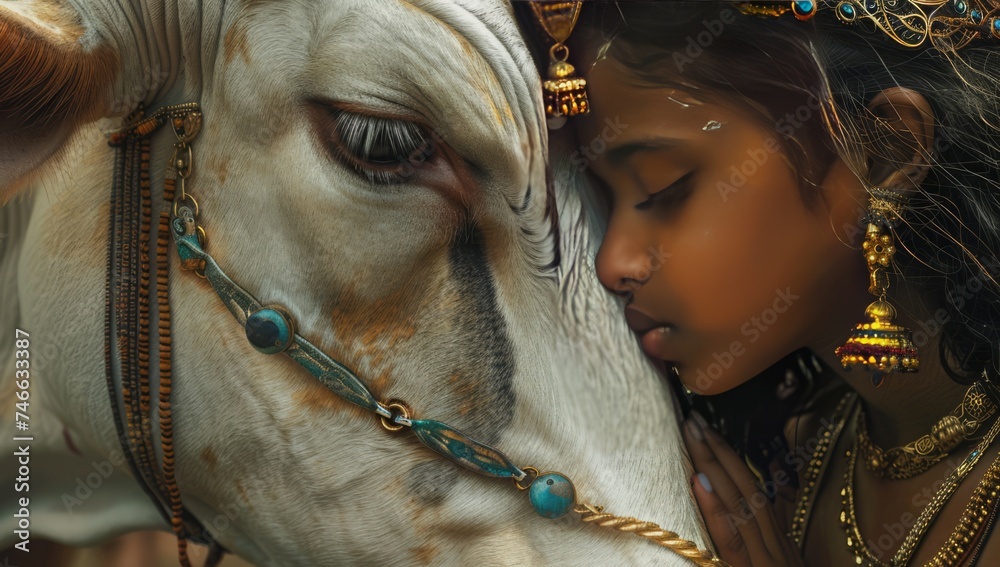 the cow is kissed by the deity child, in the style of photorealistic art, indian pop culture, photo taken with provia, photorealistic landscapes, light azure and gold, yankeecore, portraitures