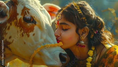 the cow is kissed by the deity child, in the style of photorealistic art, indian pop culture, photo taken with provia, photorealistic landscapes, light azure and gold, yankeecore, portraitures photo