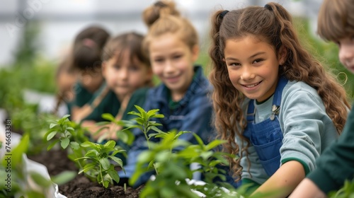 Group of smiling children engaging in greenhouse planting activities under supervision, showcasing teamwork and environmental education, Concept of growth, learning, and sustainability.