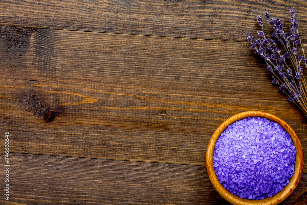 purple spa salt for aroma therapy with lavender flower fragrance on wooden background top view copyspace purple spa salt for aroma therapy with lavender flower fragrance on wooden background top view copyspace