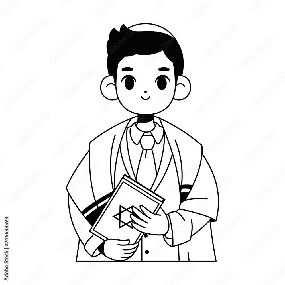 Vector Jewish Boy Holding Torah book Cartoon Illustration Isolated