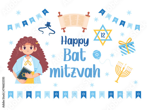 Vector Bat Mitzvah Invitation Congratulation Card Jewism Illustration Isolated