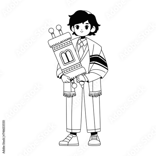 Vector Jewish Boy Holding Torah Scorll Cartoon Illustration Isolated