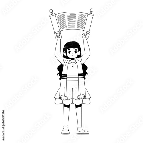Vector Jewish Girl Holding Torah Scorll Cartoon Illustration Isolated