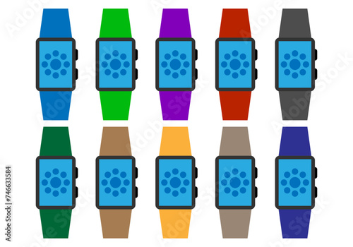 Hoja de iconos de smartwatch de colores en fondo blanco. 