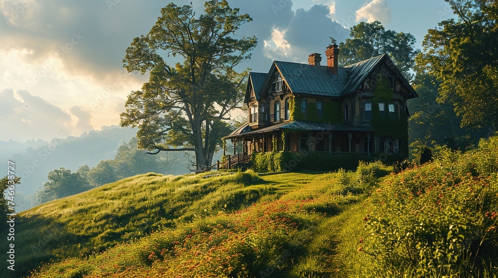 a green grassy field with a house on top, in the style of dreamy atmospheres, azure, spectacular backdrops, hd, romantic emotivity a green grassy field with a house on top, in the style of dreamy atmospheres, azure, spectacular backdrops, hd, romantic emotivity