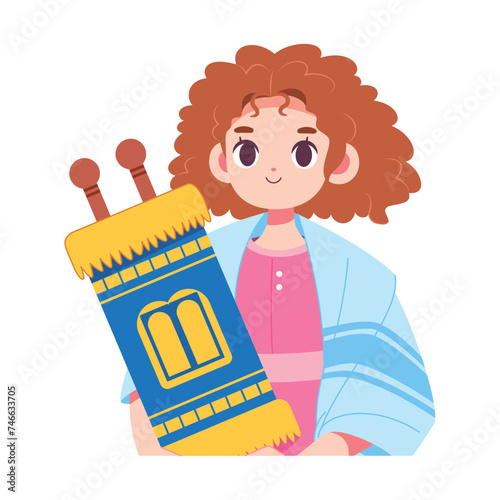 Vector Jewish Girl Holding Torah Scorll Cartoon Illustration Isolated