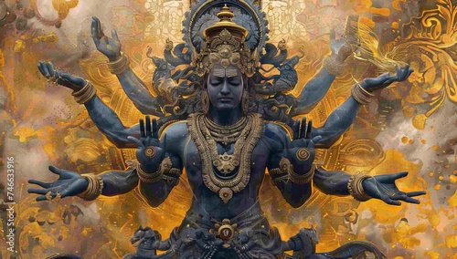 vishnu with his arms, back and mouth stretched in a gold, ornamental portrait, in the style of light sky-blue and dark gray, detailed hyperrealism, animated gifs, womancore, dark white and orange photo