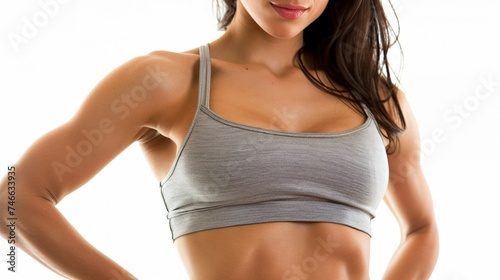 Defined abdominal muscles on a fit woman accentuated against a simple backdrop for a clean motivational look