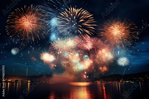 A spectacular display of birthday fireworks lighting up the night sky, captured with the brilliance of an HD camera, creating a celebratory and realistic scene