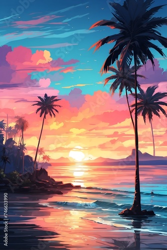 A Painting of a Tropical Sunset With Palm Trees. Generative AI.