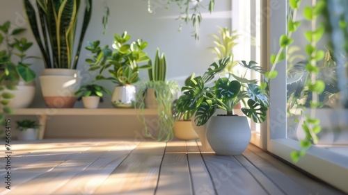 white room  light brown wood floor  green plants in new age pots  plants on a shelf  hyper realistic  cinematic