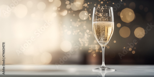 Glass of champagne on a golden bokeh light background