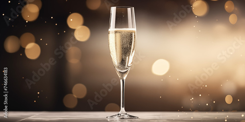 Glass of champagne on a golden bokeh black background