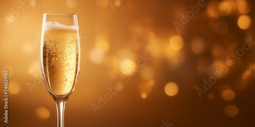 Glass of champagne on a golden bokeh background