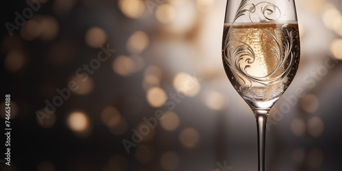 Ornamented glass of champagne on a dark blurry bokeh background