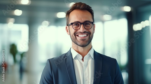 Smiling professional business person with copy space, simple background