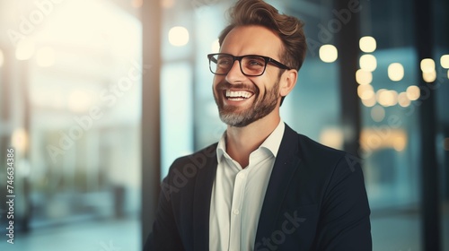 Smiling professional business person with copy space, simple background