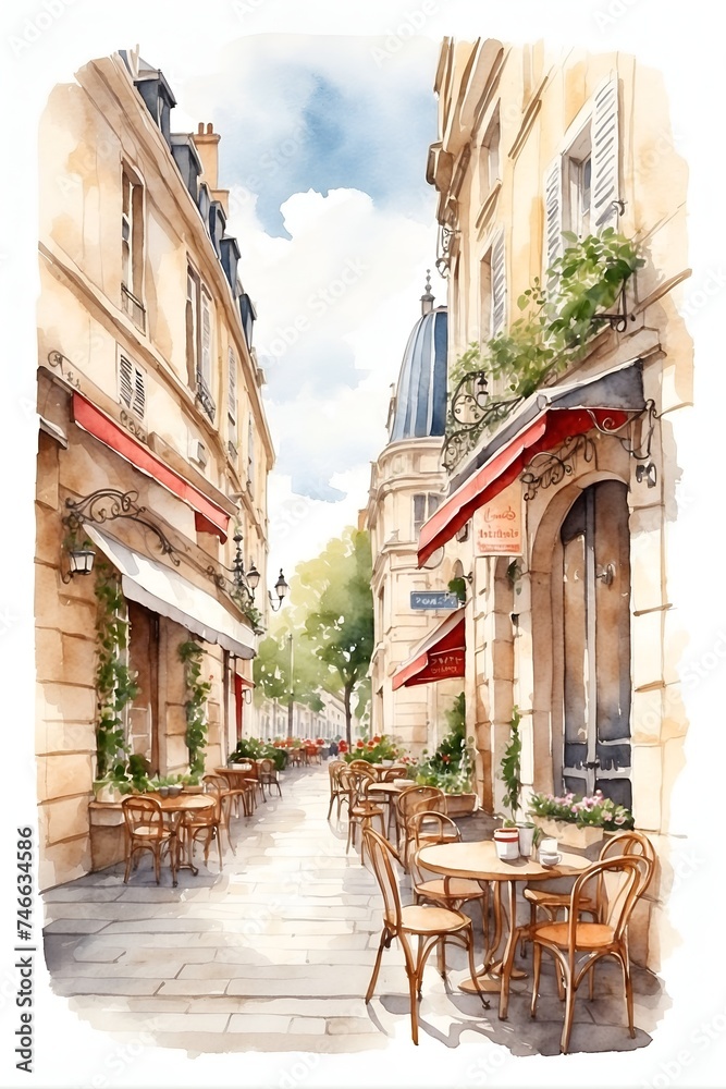 Obraz premium A Painting of a Street With Tables and Chairs. Generative AI.