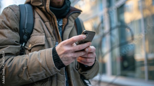 The close-up of a man using his mobile phone