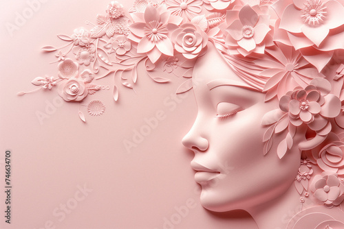 Elegant paper style, woman profile with intricate flowers © TESS
