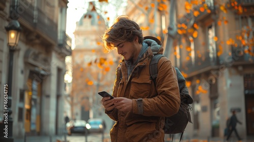 On Passeig de Gracia, Barcelona, Catalonia, Spain, a young urban professional wearing a jacket uses a smart phone to send an SMS message. Businessman holding mobile smartphone using app, texting sms photo