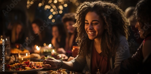 a group of people having a christmas dinner together with lit up decorations and candles, earth tone color palette, photobash, dark red and dark black, spot metering, vibrant color scheme, joyful cele photo