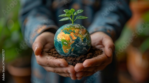 A concept day earth to save the planet, save the world and save the environment. An Eco-friendly and net zero green company culture concept. Sustainable and environmentally friendly business photo