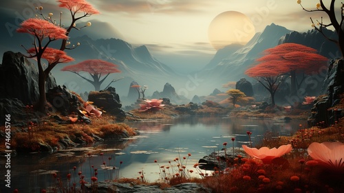 a group of plants are standing in front of mountains, light red and light amber, strong contrast between light and dark, soft mist, dark emerald and light azure, naturecore, 32k uhd
