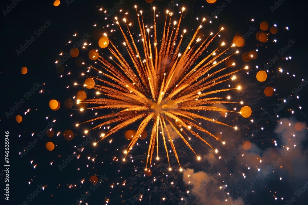 A spectacular burst of fireworks resembling a blooming flower, with radiant petals of light spreading outwards against a dark sky, creating a magnificent display.