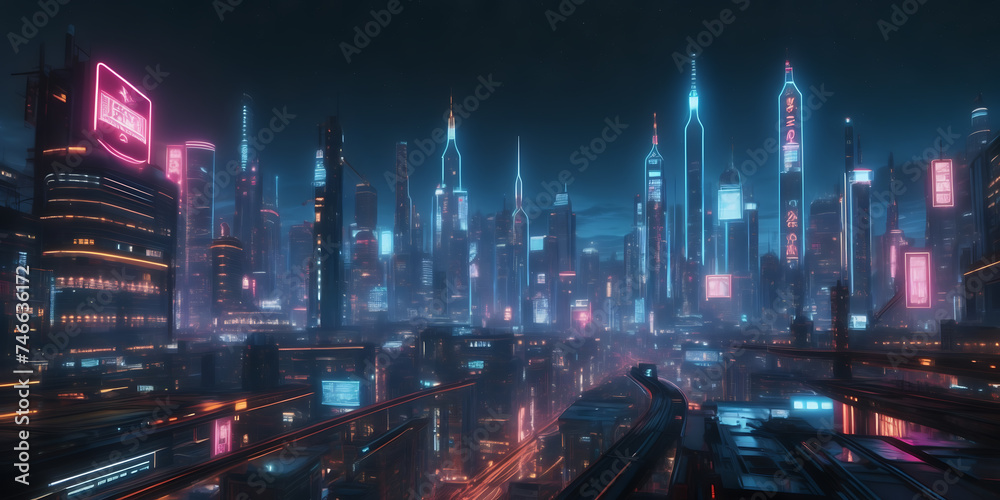 Futuristic city skyline at night, illuminated by neon signs and holographic projections.