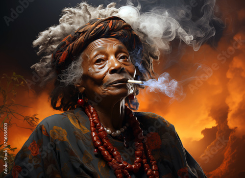 Old African American woman smoking a cigar releasing thick clouds of smoke