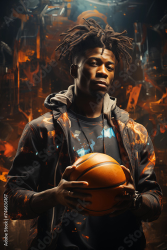 Portrait of a strong African American athlete with a basketball.