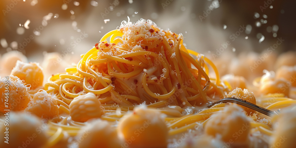 Leckere Spaghetti mit Basilikum und fliegenden Parmesan auf dem Teller wunderschön angerichtet, ai generativ - obrazy, fototapety, plakaty 