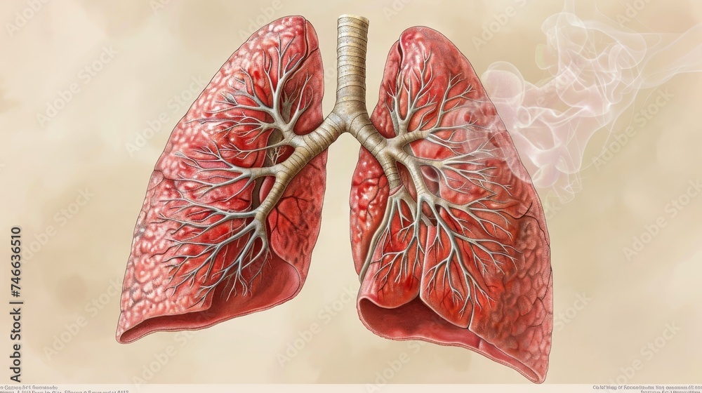 Artistic anatomical representation of human lungs against a beige background with smoke suggesting respiratory health issues. Artistic anatomical representation of human lungs against a beige background with smoke suggesting respiratory health issues.