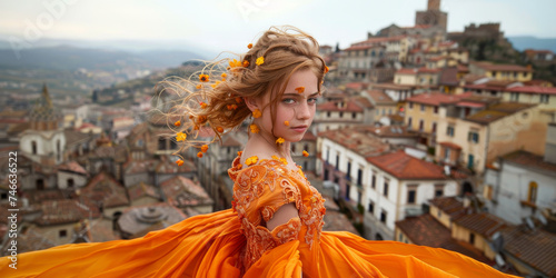 A young girl in an orange dress overlooks an ancient Tuscan town, capturing a sense of wonder and heritage.