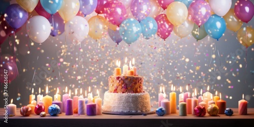 Birthday Cake Surrounded by Candles and Balloons Generative AI