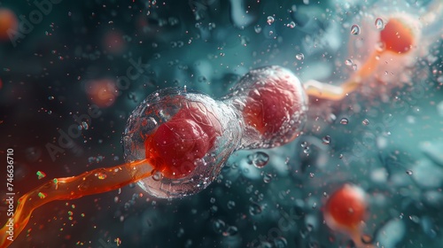Realistic visualization of synaptic transmission with neurotransmitters traveling between neurons in a fluid, dynamic environment.
