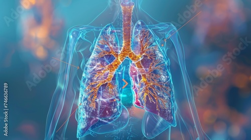 This image provides a detailed visualization of the human respiratory system, highlighting the bronchial tree and lung vasculature with a digital overlay. photo