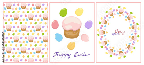Set of Easter backgrounds and elements for design with copy space. Vector drawing of Easter cupcake with icing and colored painted eggs, edible food background, frame for packaging, holiday, internet,
