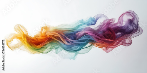 Photograph of vibrant  swirling ribbons of multicolored smoke against a stark white backdrop.